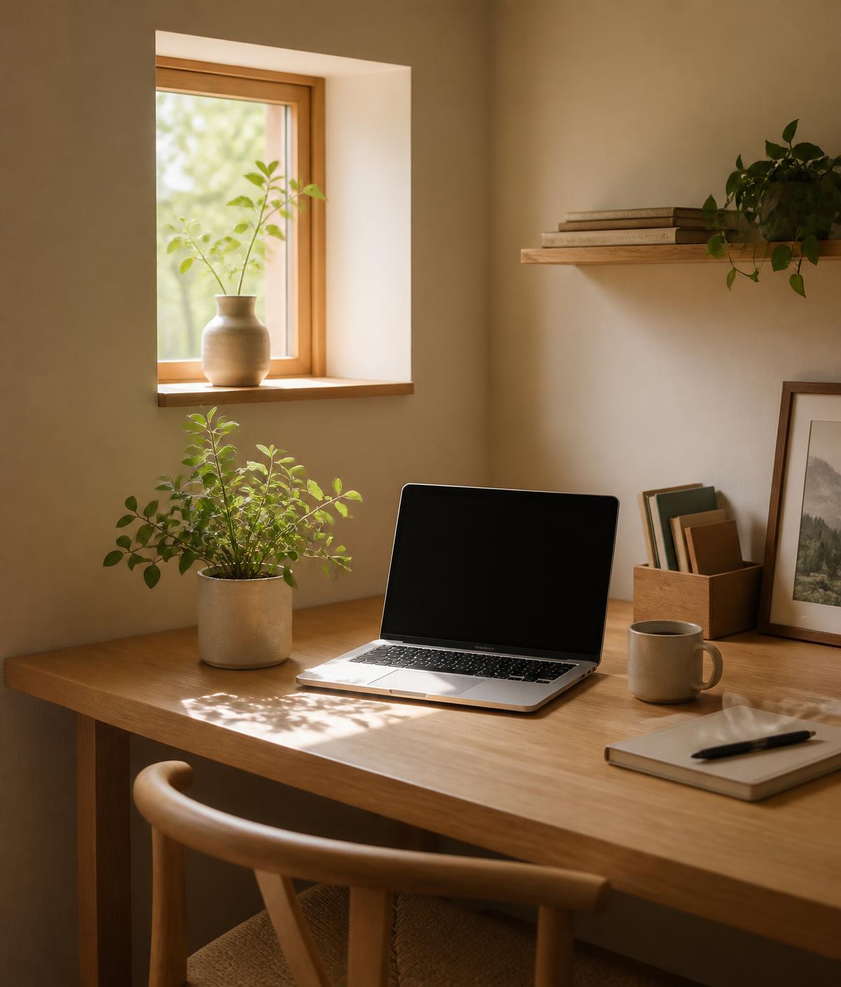 A calm, tidy wooden desk with a laptop near a sunlit window and a potted plant